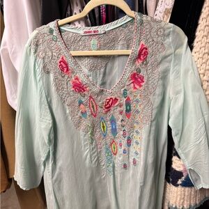 Johnny Was Mint Green Embroidered V-Neck Tunic with Pink Accents